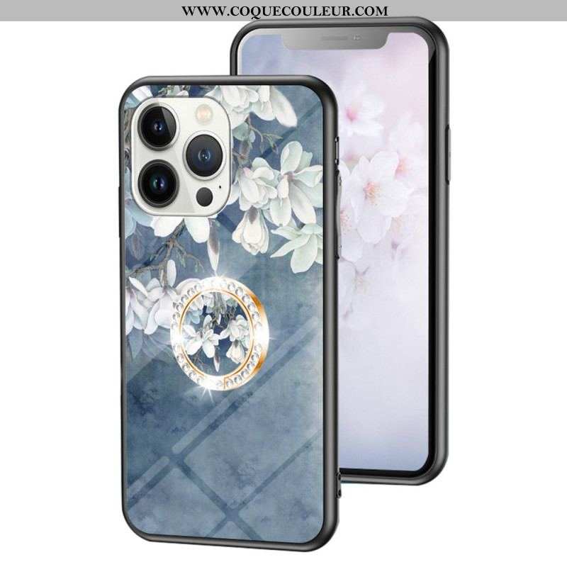 Coque iPhone 15 Pro Verre Trempé Floral avec Anneau-Support