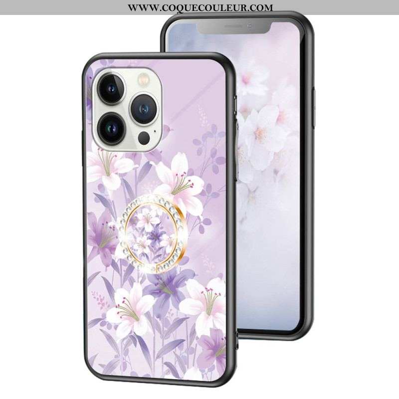 Coque iPhone 15 Pro Verre Trempé Floral avec Anneau-Support