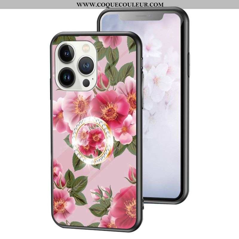 Coque iPhone 15 Pro Verre Trempé Floral avec Anneau-Support