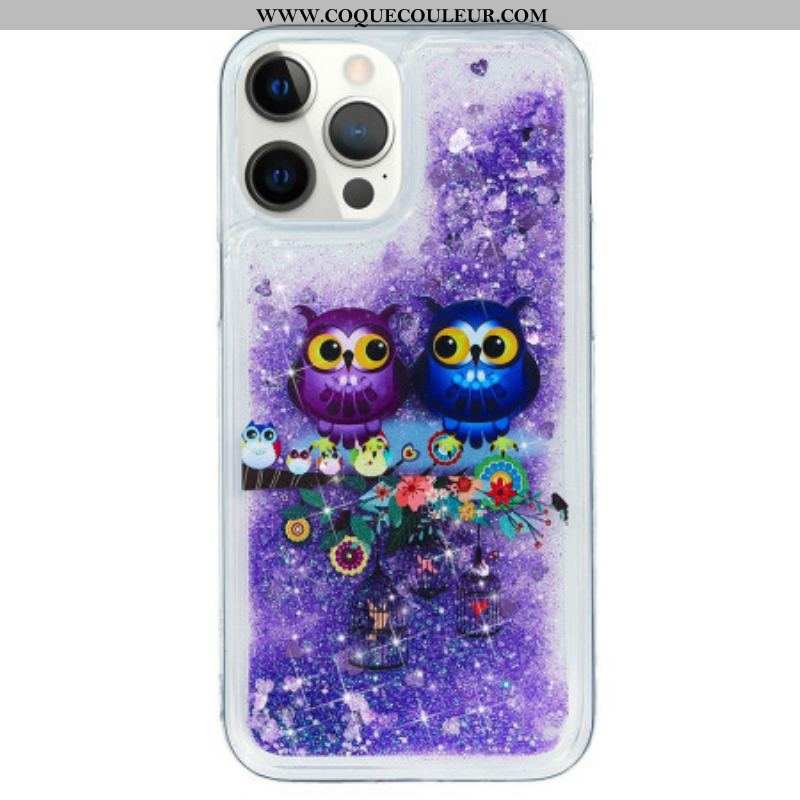 Coque iPhone 15 Pro Paillettes Couple de Hiboux