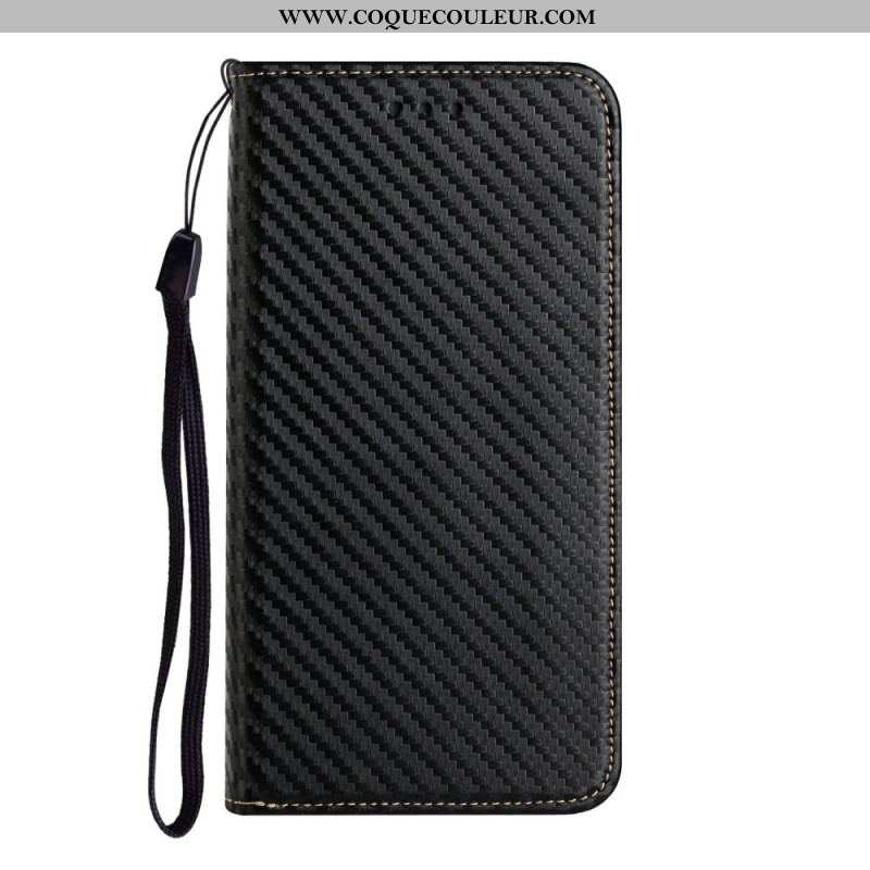 Flip Cover iPhone 15 Fibre Carbone à Lanière