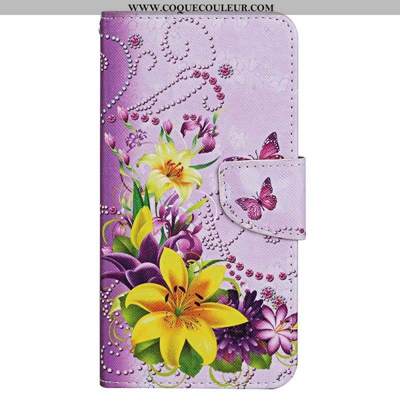 Housse iPhone 15 Papillons et Fleurs à Lanière