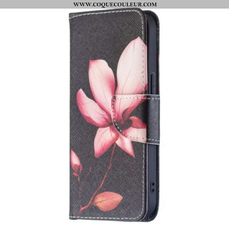 Housse iPhone 15 Fleur Rose sur Fond Noir