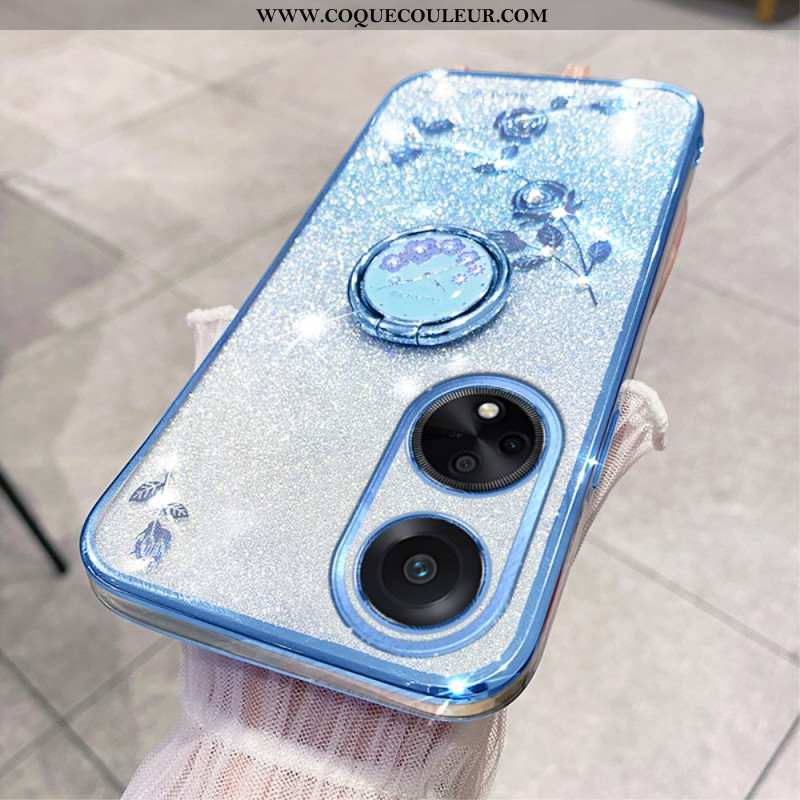 Coque Oppo A98 5G Anneau-Support Fleurs et Strass