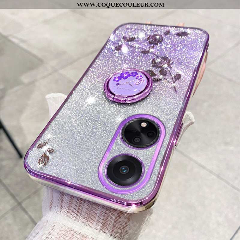 Coque Oppo A98 5G Anneau-Support Fleurs et Strass
