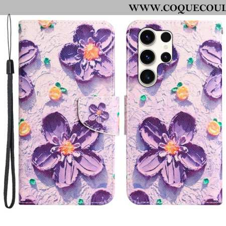 Housse Samsung Galaxy S24 Ultra 5G Fleurs Pourpres à Lanière