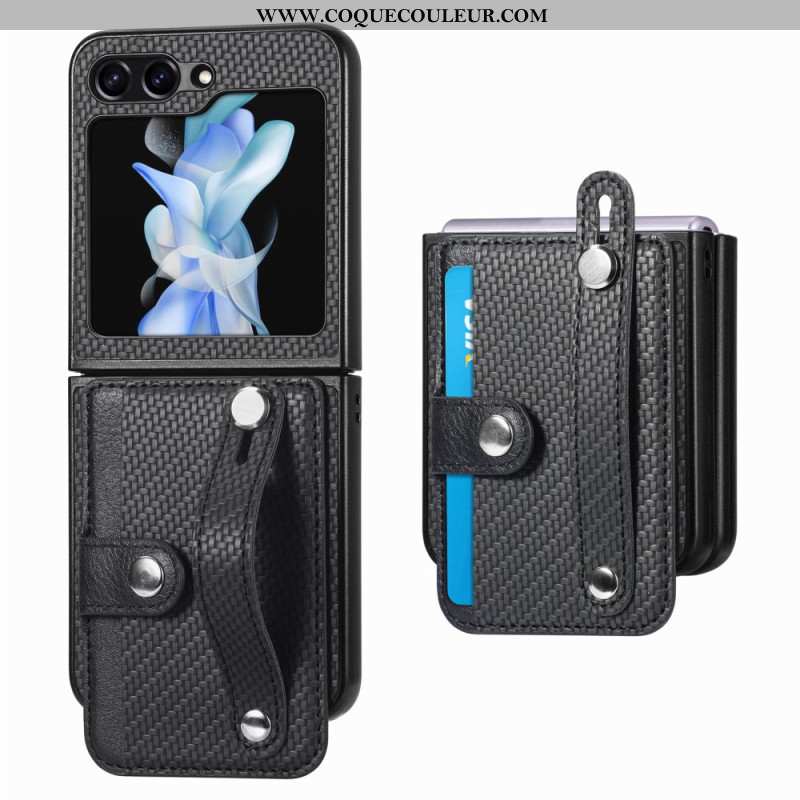 Coque Samsung Galaxy Z Flip 5 Fibre Carbone Porte-Cartes et Sangle